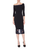 Asymmetric Off-Shoulder 3/4-Sleeve Dress, Navy