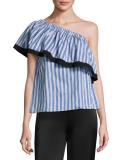 Ruffled One-Shoulder Striped Top, Blue