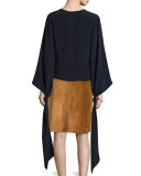 V-Neck Blouson Tie-Sleeve Blouse, Navy