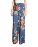Floral-Print Wide-Leg Silk Toile Pants, Blue Multicolor