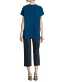 Azalea Short-Sleeve Half-Placket Silk Blouse, Aegean