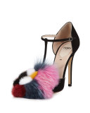 Mink & Fox Fur 110mm T-Strap Pump, Black/Multi