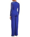 Flare-Leg Cady Jumpsuit with Embellished Lace Trim, Blue