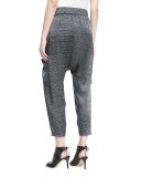 Printed Silk Cropped Harem Pants, Black