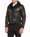 Leather Shearling Fur-Lined Moto Jacket, Black