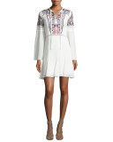 Milly Embroidered Long-Sleeve Mini Dress, Ivory