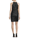 Sleeveless Embroidered Sheath Cocktail Dress, Black