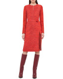 Mixed-Print Long-Sleeve Dress, Red
