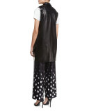 Button-Front Long Leather Vest, Black