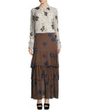 Floral Silk Tiered Maxi Skirt, Coffee