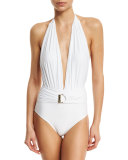 Belted Halter Maillot One-Piece Swimsuit, White