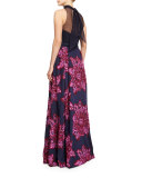 Sleeveless Mock-Neck Embellished Floral Gown, Navy Multi 