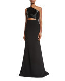 One-Shoulder Asymmetric Beaded Crepe Gown, Black