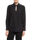 Shay Long-Sleeve Silk Keyhole Blouse, Black 