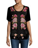 Hila Rose-Embroidered Velvet Tee, Black