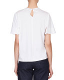 Flutter-Sleeve Jewel-Neck Top, White