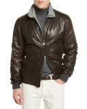 Reversible Leather & Herringbone Bomber Jacket, Espresso