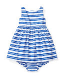 Sleeveless Smocked Striped Poplin Dress w/ Bloomers, Blue, Size 6-24 Months