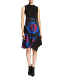 Sleeveless Mixed-Media Swing Dress, Black