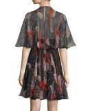 Floral Half-Sleeve Cocktail Dress, Black/Multi