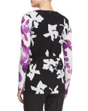 Long-Sleeve Orchid-Print Belted Cardigan, Multi Colors