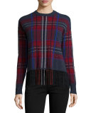 Cashmere Plaid Crewneck w/ Suede Fringe Hem