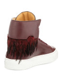 125mm Leather High-Top Sneaker with Feathers, Burgundy