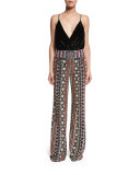 Embellished Wide-Leg Pants, Black/Multicolor