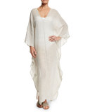 Dovecoat Long Linen Caftan Coverup, Light Gray