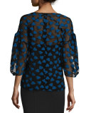 Oversized-Sleeve Leaf Organza Blouse, Black/Lapis