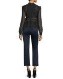 Floral-Lace Long-Sleeve Top, Black