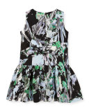 Sleeveless Painted Floral Smocked Dress, Black/Multicolor, Size 4-6