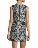 Clyde Sleeveless Damask Shift Dress, Black/White