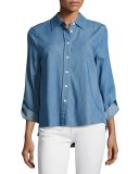 Kris Denim Accordion-Pleated Shirt, Blue