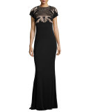 Short-Sleeve Acanthus Jersey Gown, Black