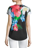 Reneah Cap-Sleeve Floral-Print Top, Black