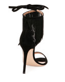 Fringe Suede Ankle-Wrap Sandal, Black