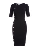 Short-Sleeve Side-Button Dress, Black