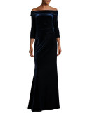 Off-the-Shoulder Stretch Velour Gown, Slate Blue