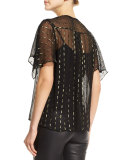 Tonia Metallic-Trim Sheer Chiffon Blouse, Black