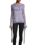 Floral-Appliqué Ruffled Lace Blouse, Lavender