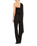 Draped One-Shoulder Belted Jumpsuit, Black
