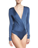 Lala Satin Long-Sleeve Surplice Bodysuit