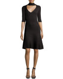 Mock-Neck Ribbed A-Line Dress, Black