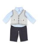 Tipped Sweater Vest, Long-Sleeve Shirt & Herringbone Pants, Gray, Size 6-24 Months