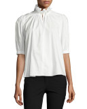 Ruffle-Neck Half-Sleeve Poplin Top, White
