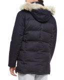 Mixed-Media Quilted Parka w/Fur-Trim Hood, Navy