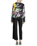 Floral-Print Silk Crossover Tie Blouse, Multicolor