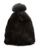 Mink & Fox Fur Pompom Beanie Hat, Black
