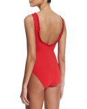 Ruffled Twist-Front Underwire One-Piece Swimsuit, Cherry